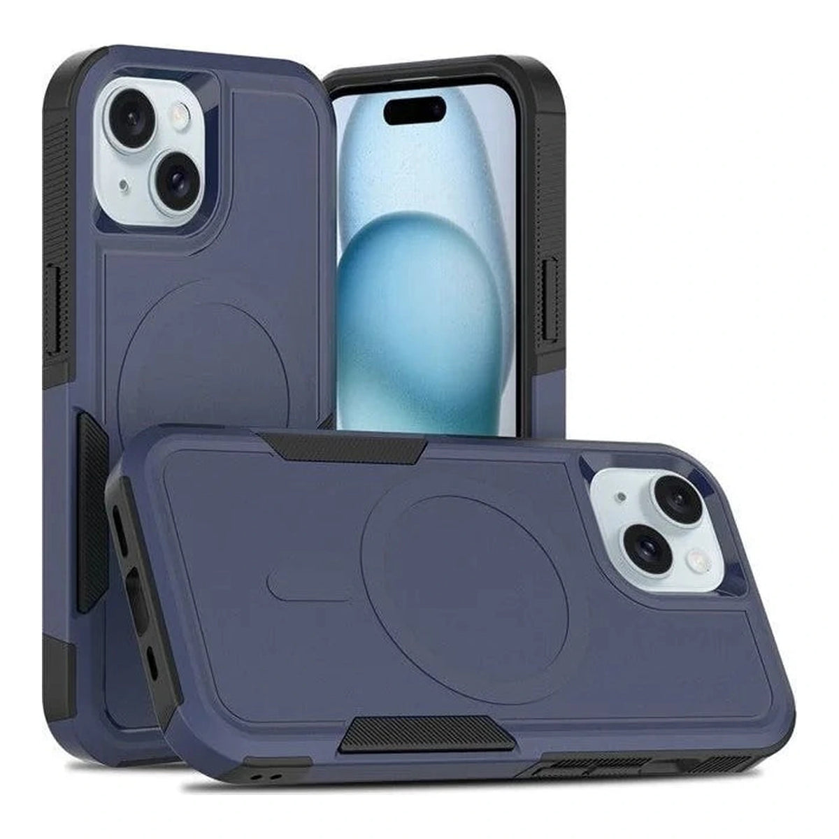 Capa Commander com MagSafe azul com preto para iPhone 14 em vista traseira

