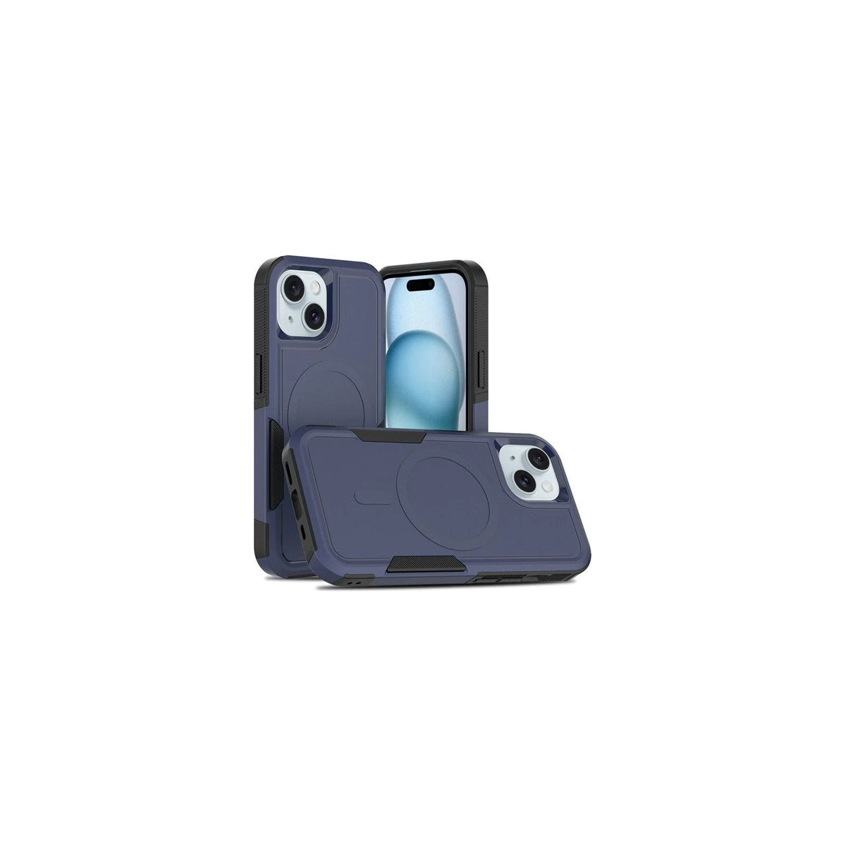 Capa Commander com MagSafe azul com preto para iPhone 15 em perspectiva
