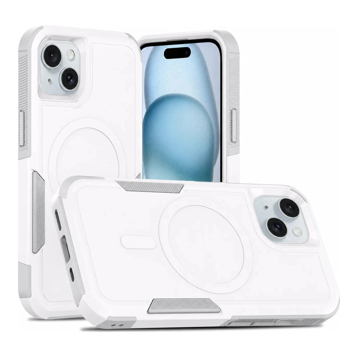 Capa Commander com MagSafe branca para iPhone 15 em vista traseira
