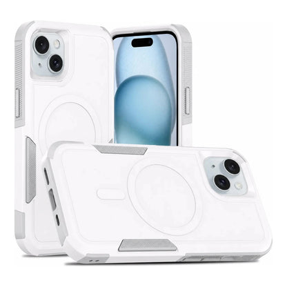 Capa Commander com MagSafe branca para iPhone 15 em vista traseira
