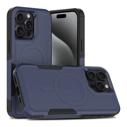 Capa Commander com MagSafe azul com preto para iPhone 15 Pro Max em vista traseira
