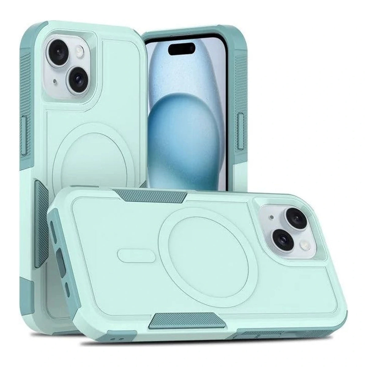Capa Commander com MagSafe verde-água para iPhone 15 em vista traseira
