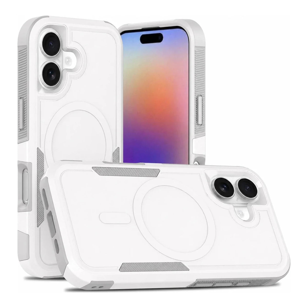 Capa Commander com MagSafe branca para iPhone 16 em vista traseira
