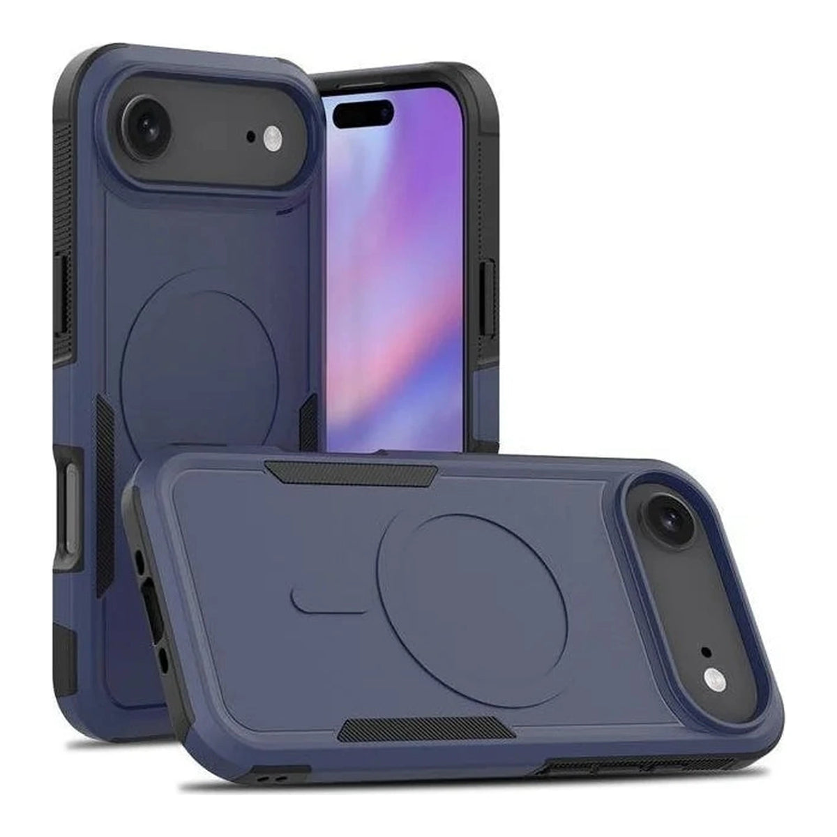 Capa Commander azul com preto com MagSafe para iPhone 17 AIR, vistas frontal e traseira