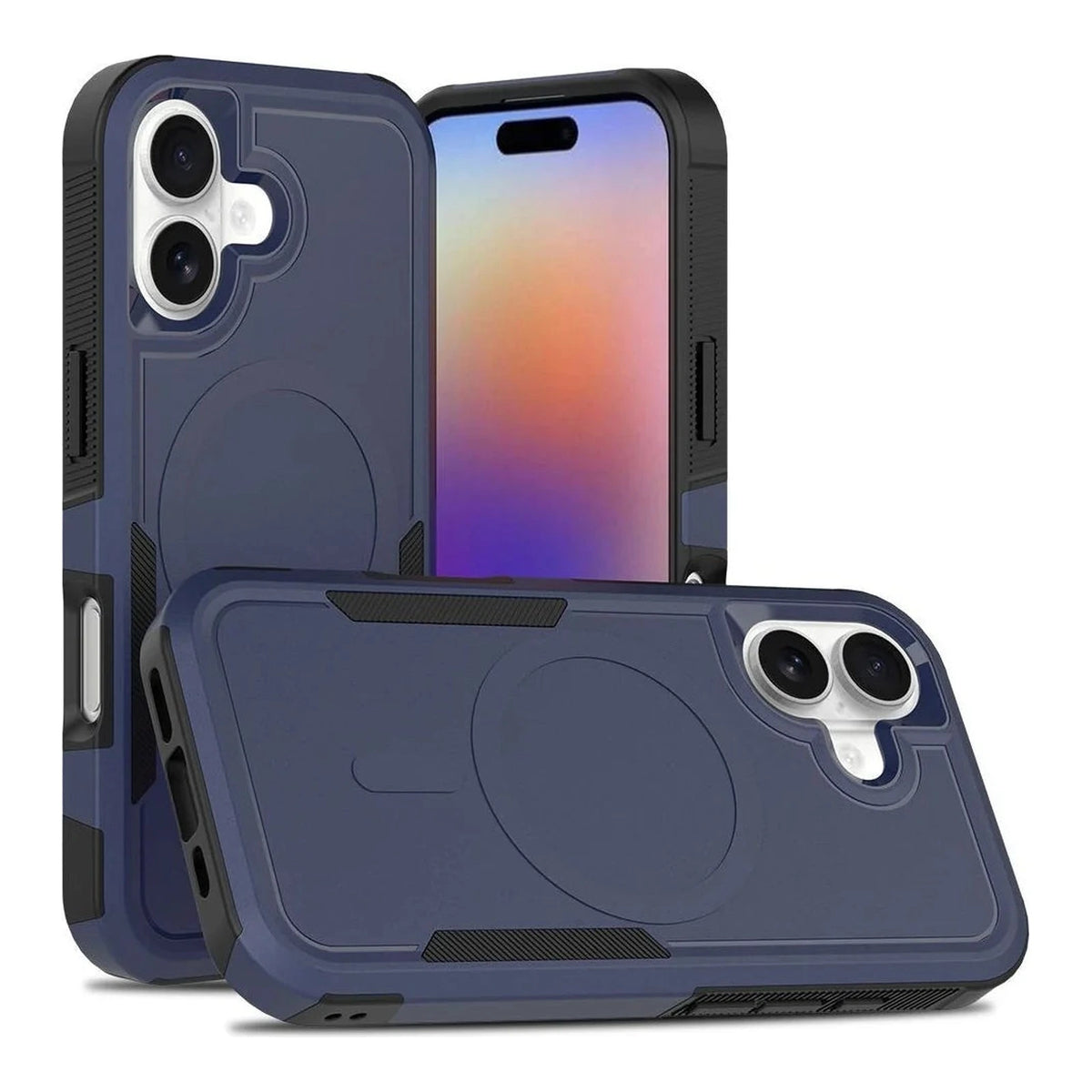 Capa Commander azul com preto com MagSafe para iPhone 17, vistas frontal e traseira