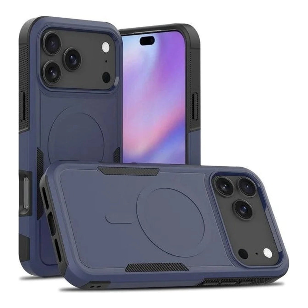 Capa Commander azul com preto com MagSafe para iPhone 17 Pro Max, vistas frontal e traseira