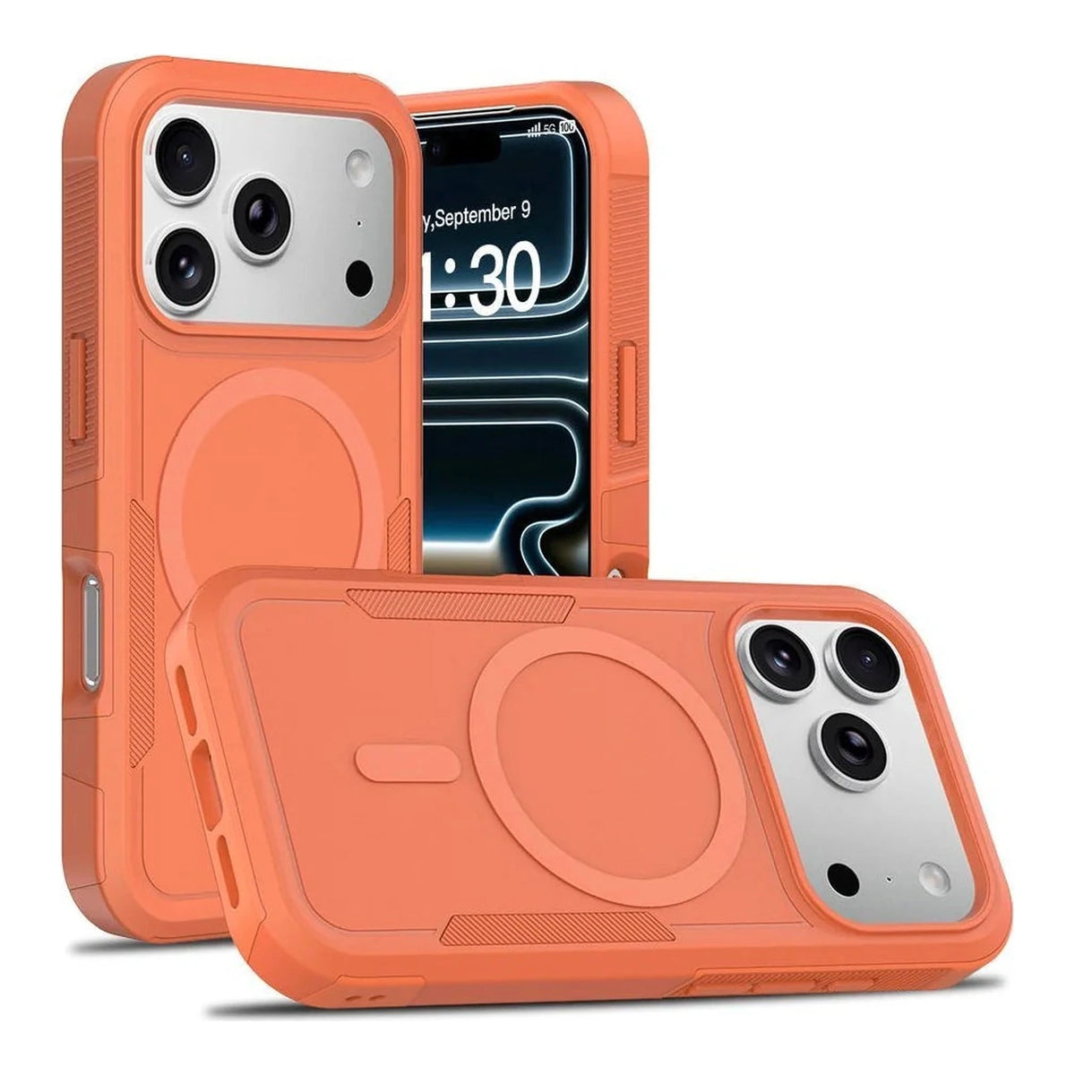 Capa Commander laranja com MagSafe para iPhone 17 Pro Max, vistas frontal e traseira