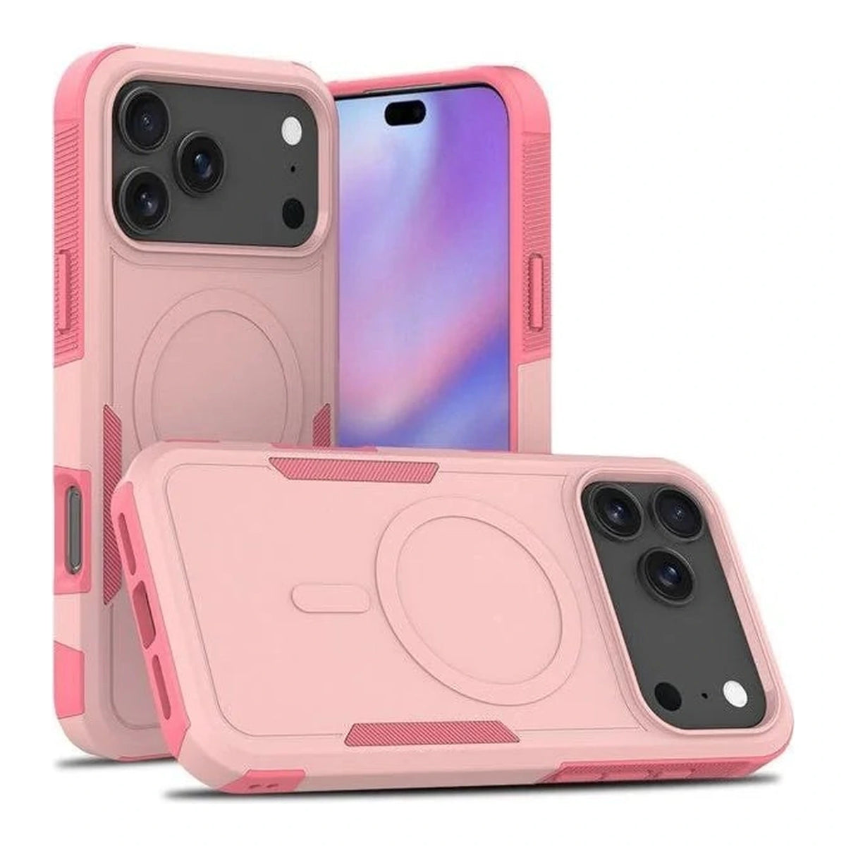 Capa Commander rosa com MagSafe para iPhone 17 Pro Max, vistas frontal e traseira