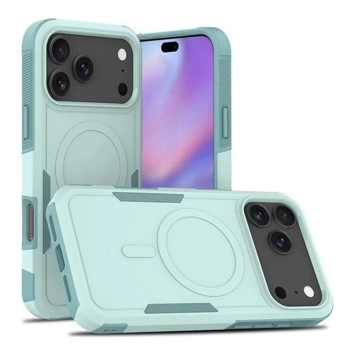 Capa Commander verde-agua com MagSafe para iPhone 17 Pro Max, vistas frontal e traseira