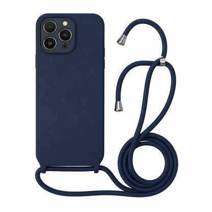 Capa Slim Bag azul-marinho para iPhone 12 Pro com escala ampliada e cordão completo sobre fundo branco