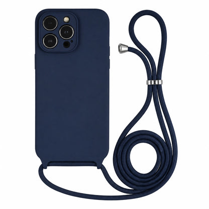 Capa Slim Bag azul-marinho para iPhone 13 Pro com escala ampliada e cordão completo sobre fundo branco