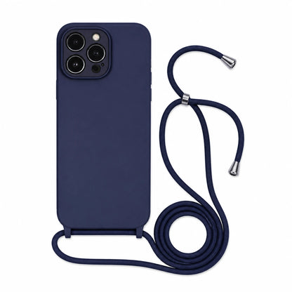 Capa Slim Bag azul-marinho para iPhone 14 Pro Max com escala ampliada e cordão completo sobre fundo branco