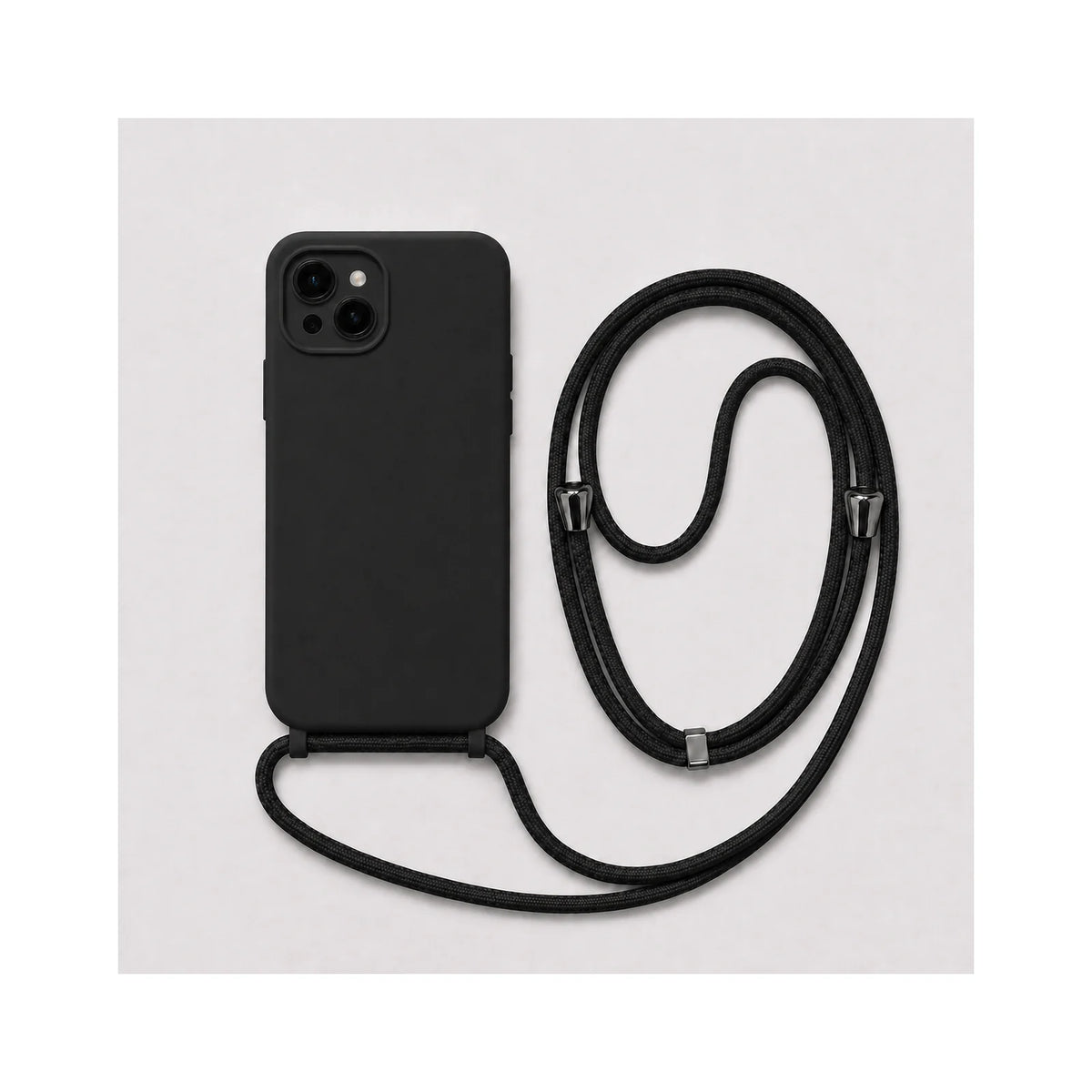 Capa Slim Bag preta para iPhone 15 Plus em vista traseira com cordão
