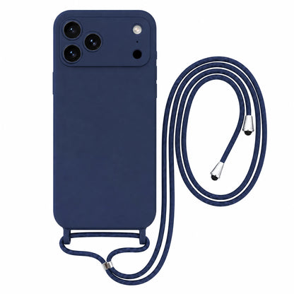 Capa Slim Bag azul-marinho para iPhone 17 Pro Max com escala ampliada e cordão completo sobre fundo branco
