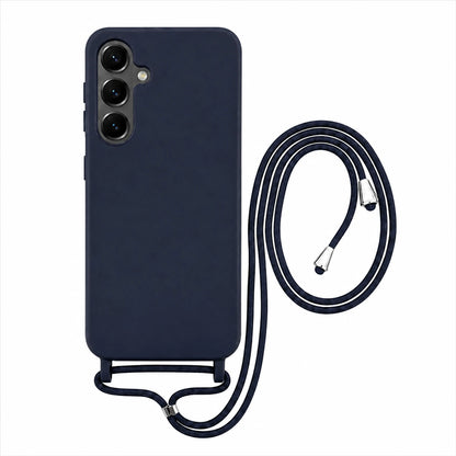 Capa Slim Bag azul-marinho para Samsung Galaxy S25 Plus com escala ampliada e cordão completo sobre fundo branco