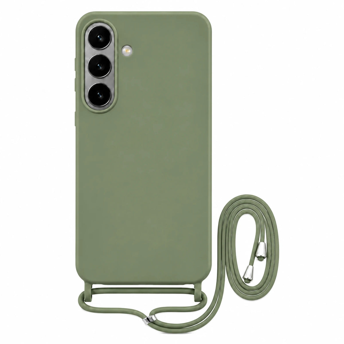 Capa Slim Bag verde para Samsung Galaxy S26 Plus com escala ampliada e cordão completo sobre fundo branco