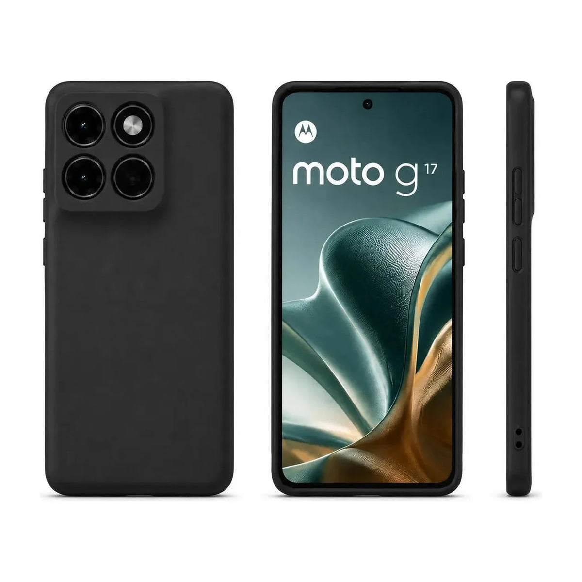 Capa Slim Lisa preta para Motorola Moto G17 em vistas frontal, traseira e lateral