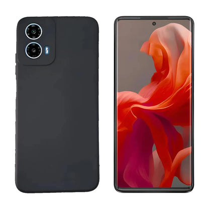 Capa Slim Lisa preta para Motorola Moto G85 5G com o aparelho em vista frontal e traseira