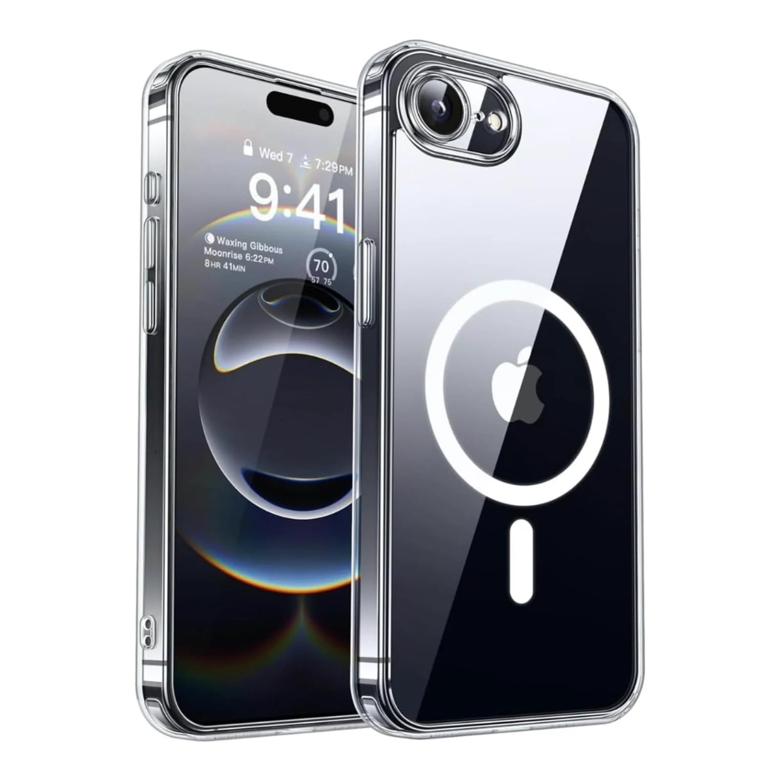Capa transparente Ultra Impactor Clear MagSafe para iPhone 16E preto, vista frontal e traseira
