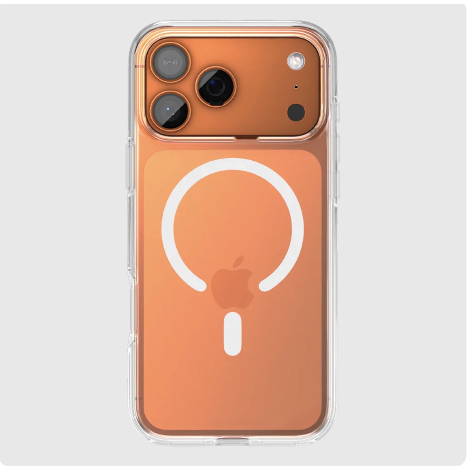 Capa transparente Ultra Impactor MagSafe para iPhone 17 Pro Max aplicada em aparelho de acabamento laranja