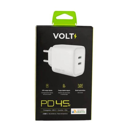 Embalagem frontal do Carregador de Parede Volt 45 W branco com duas portas USB-C