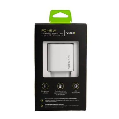 Carregador de Parede Volt 45 W branco visível na embalagem