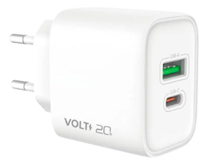 Carregador de parede Volt 20W branco com portas USB-A e USB-C em vista frontal aproximada
