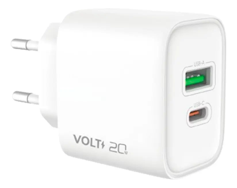 Carregador de parede Volt 20W branco com portas USB-A e USB-C em vista frontal aproximada