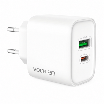 Carregador de parede Volt 20W branco com portas USB-A e USB-C em vista frontal