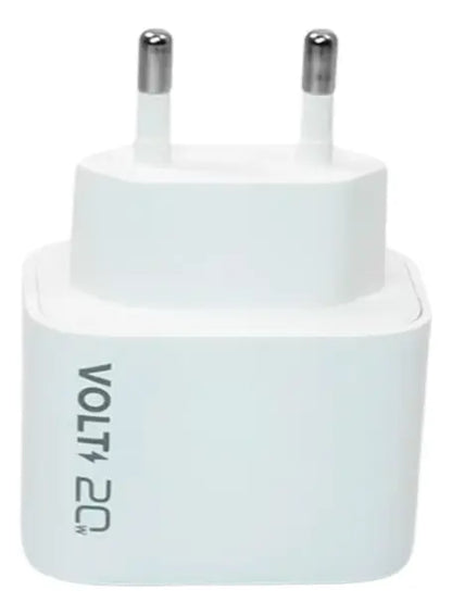 Carregador de parede Volt 20W branco em vista traseira aproximada com plugue de dois pinos