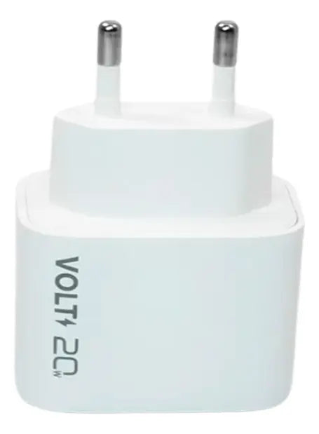 Carregador de parede Volt 20W branco em vista traseira aproximada com plugue de dois pinos