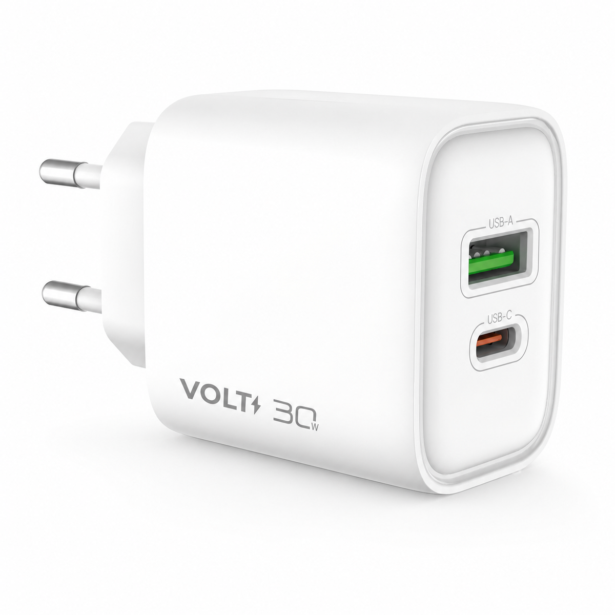 Carregador de parede Volt 30W branco com portas USB-A e USB-C em vista frontal