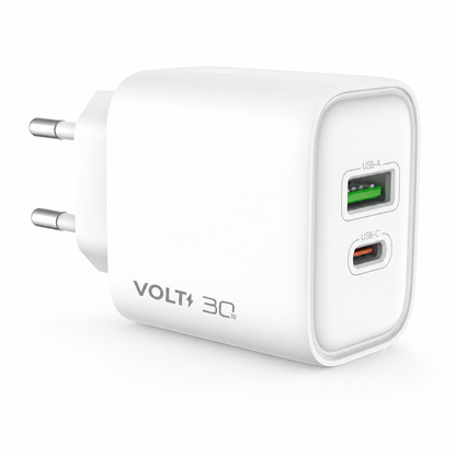 Carregador de parede Volt 30W branco com portas USB-A e USB-C em vista frontal