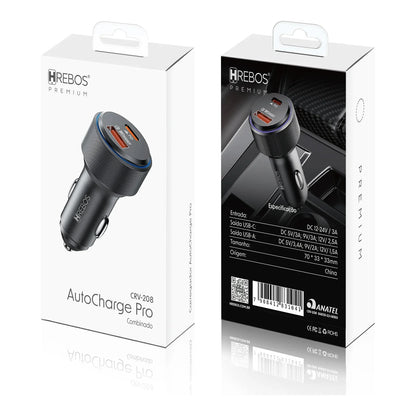 Embalagem frontal e traseira do Carregador Veicular Hrebos Autocharge Pro CRV-208