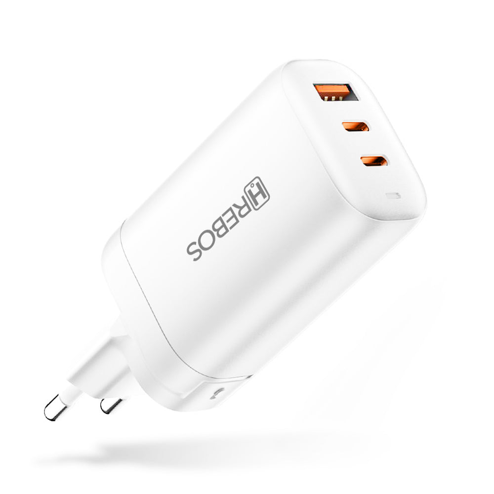 Carregador Hrebos CRG-202 branco com duas portas USB-C e uma USB-A