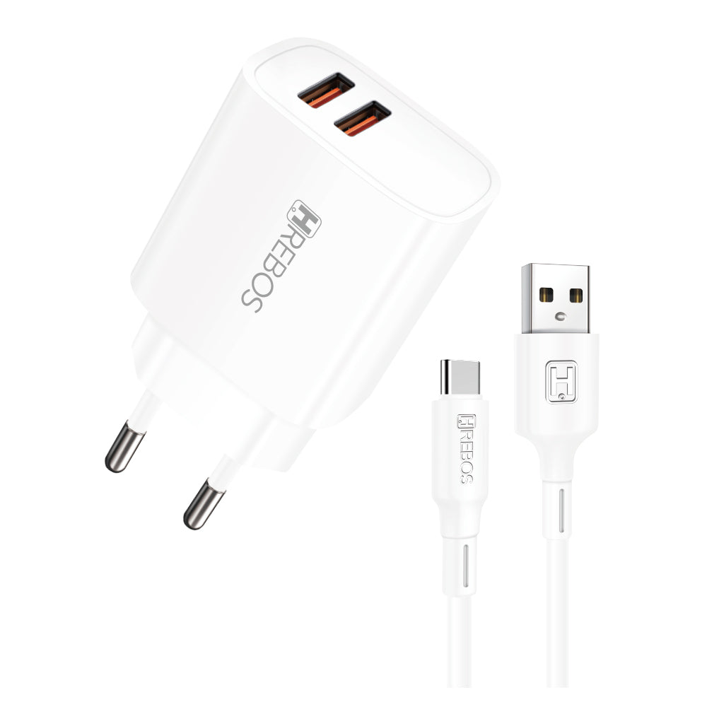 Carregador Hrebos CRG-214 branco em perspectiva com cabo USB-C