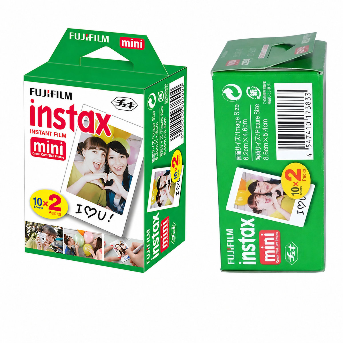 Filme Fujifilm Instax Mini Pack com 20 fotos em duas embalagens, vista frontal e lateral