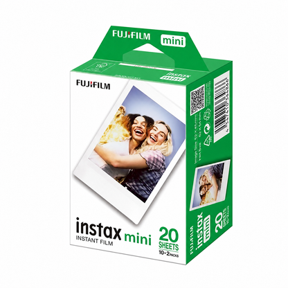 Filme Fujifilm Instax Mini Pack com 20 fotos, embalagem frontal verde e branca