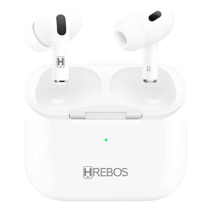 Fones Hrebos EB-213 brancos com estojo de recarga aberto