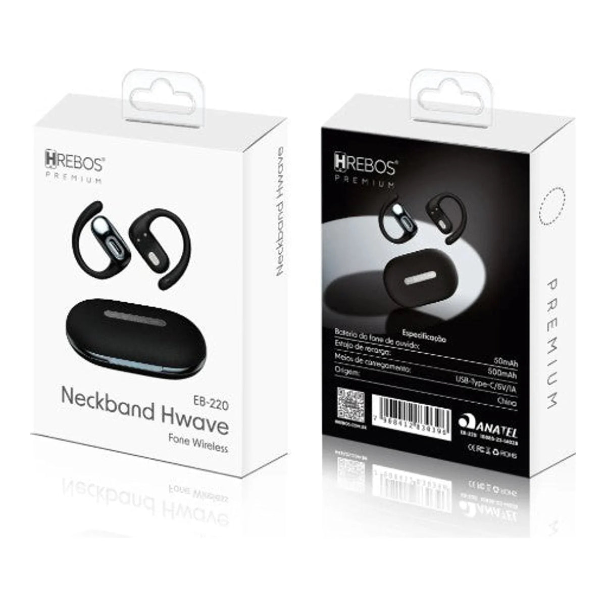 Embalagem frontal e traseira do Fone de Ouvido Hrebos HWave EB-220 preto