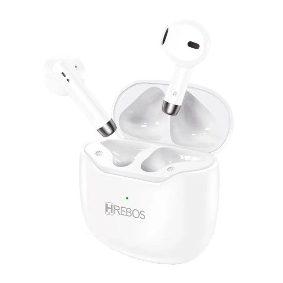 Fones de ouvido Hrebos Harmony EB-219 brancos sobre o estojo de carregamento aberto