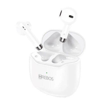 Fones de ouvido Hrebos Harmony EB-219 brancos sobre o estojo de carregamento aberto