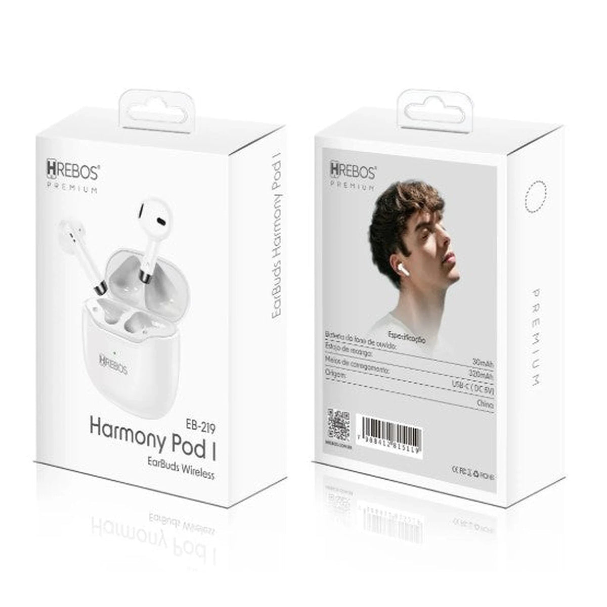 Embalagem frontal e traseira do Fone de Ouvido Hrebos Harmony EB-219 branco