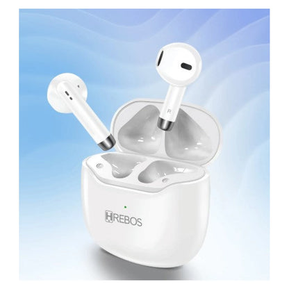 Fones de ouvido Hrebos Harmony EB-219 brancos com estojo aberto sobre fundo azul