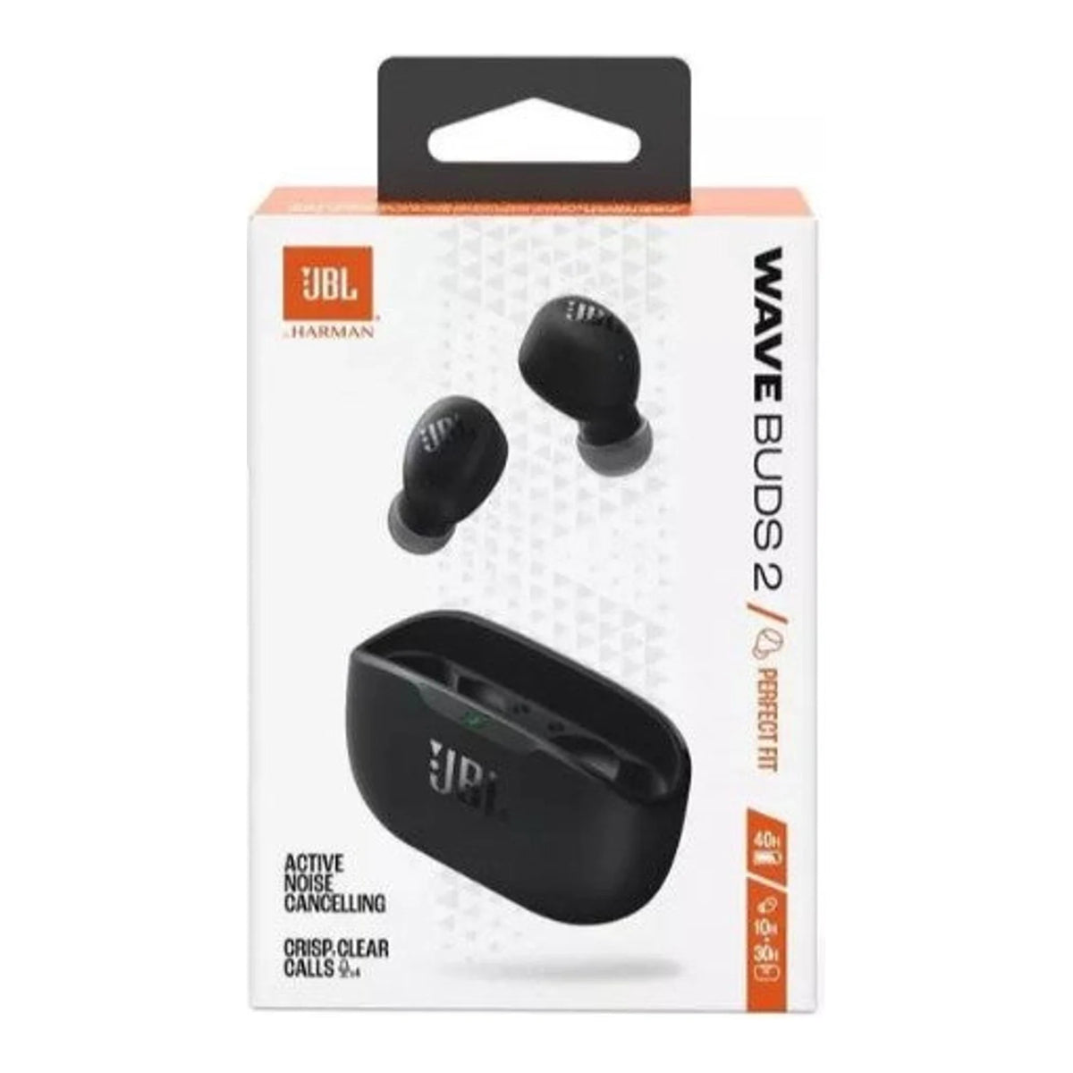 Embalagem frontal do Fone JBL Wave Buds 2 preto com estojo e fones