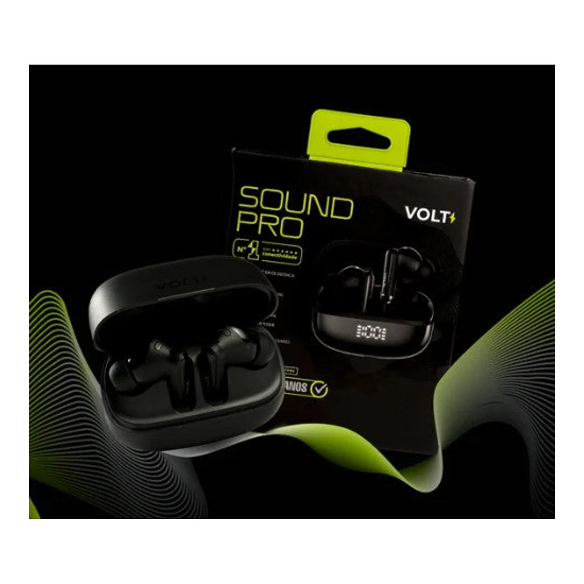 Fone TWS Volt Sound Pro preto com estojo aberto e embalagem
