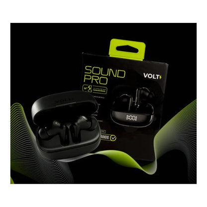 Fone TWS Volt Sound Pro preto com estojo aberto e embalagem