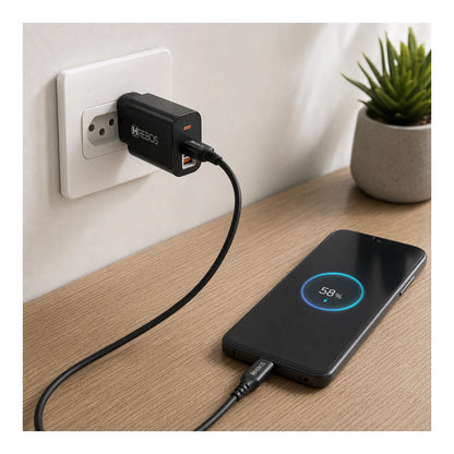 Carregador Hrebos CRG-151 preto conectado à tomada e a um smartphone