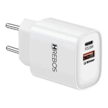 Carregador Hrebos CRG-232 branco com uma porta USB-C e uma USB-A