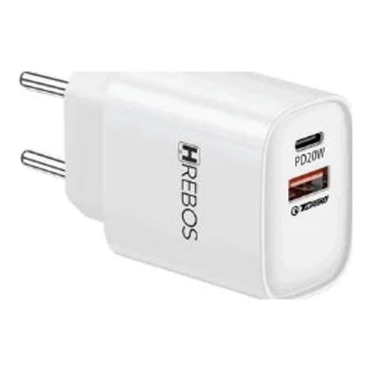 Carregador Hrebos CRG-232 branco com portas USB-C e USB-A em perspectiva